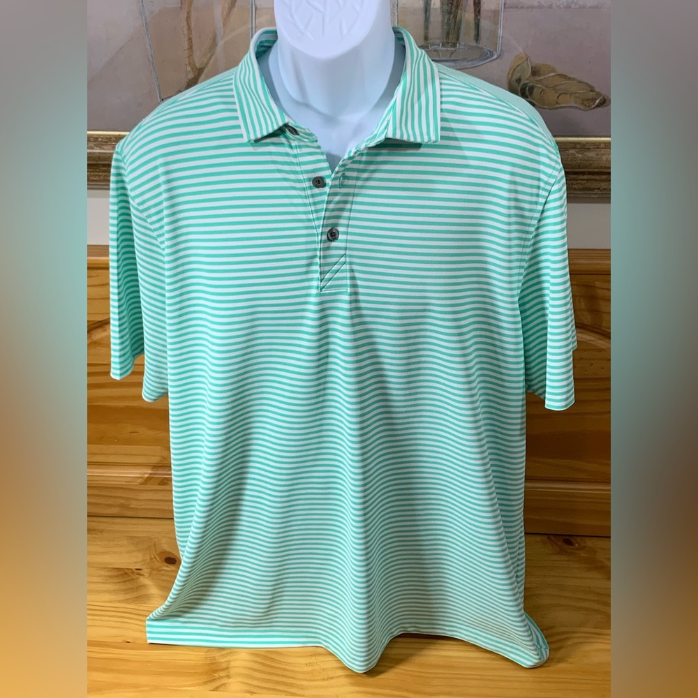 CUTTER & BUCK CB DryTec Green & White Striped Mens XL Polo Golf Shirt EUC